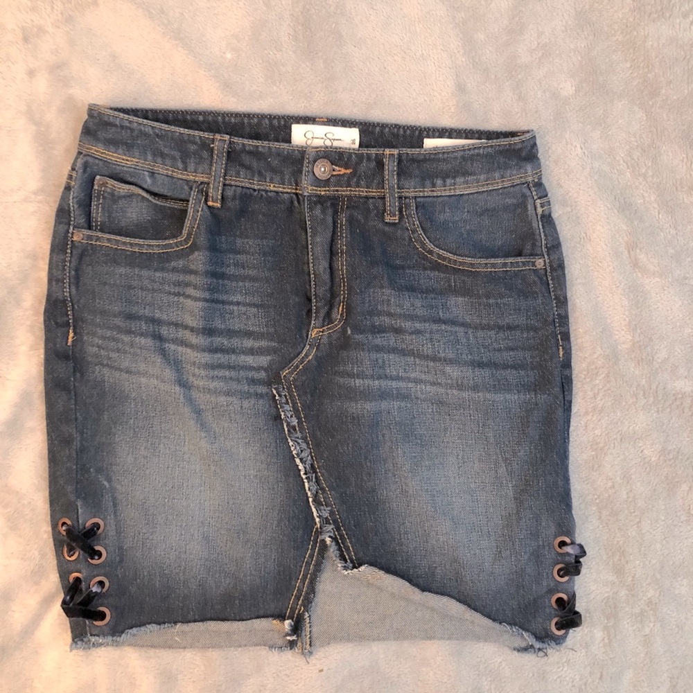 size five denim mini skirt messed up lace